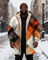 Big & Tall Men's Orange Plaid Printed Velvet Padded Long Hooded Coat